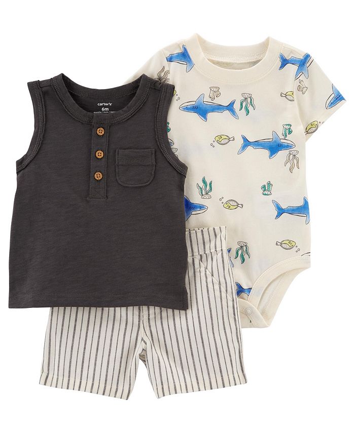 Carter's Baby Boys Tank Top, Shark Short Sleeve Bodysuit and Striped Shorts,  3 Piece Set - Macy's