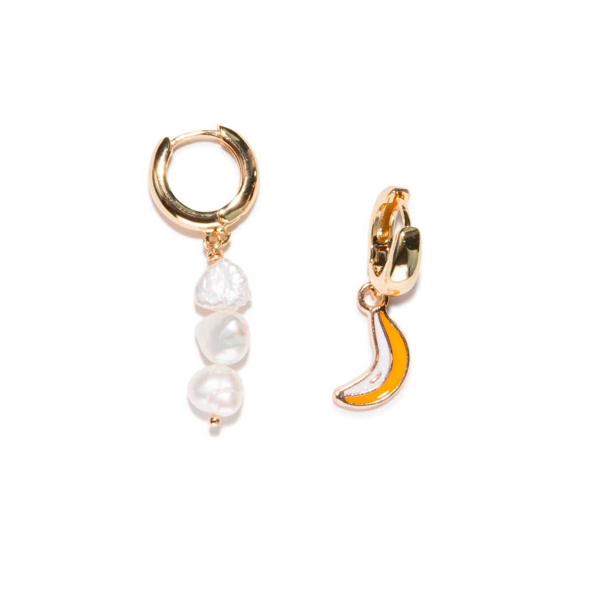 18k Gold Plated Huggies Freshwater Pearls with a Yellow Enamel Banana Charm - Nana Banana Earrings For Women - Yellow