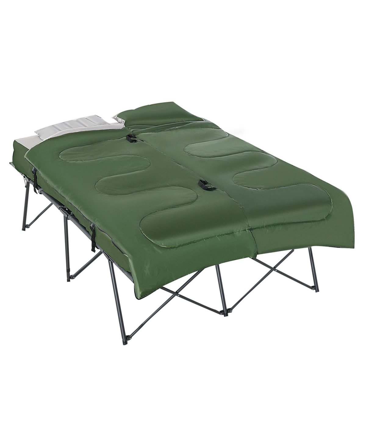 2-Person Folding Camping Cot Portable Outdoor Bed Set with Sleeping Bag, Inflatable Air Mattress, Comfort Pillows and Carry Bag, Soft and Com