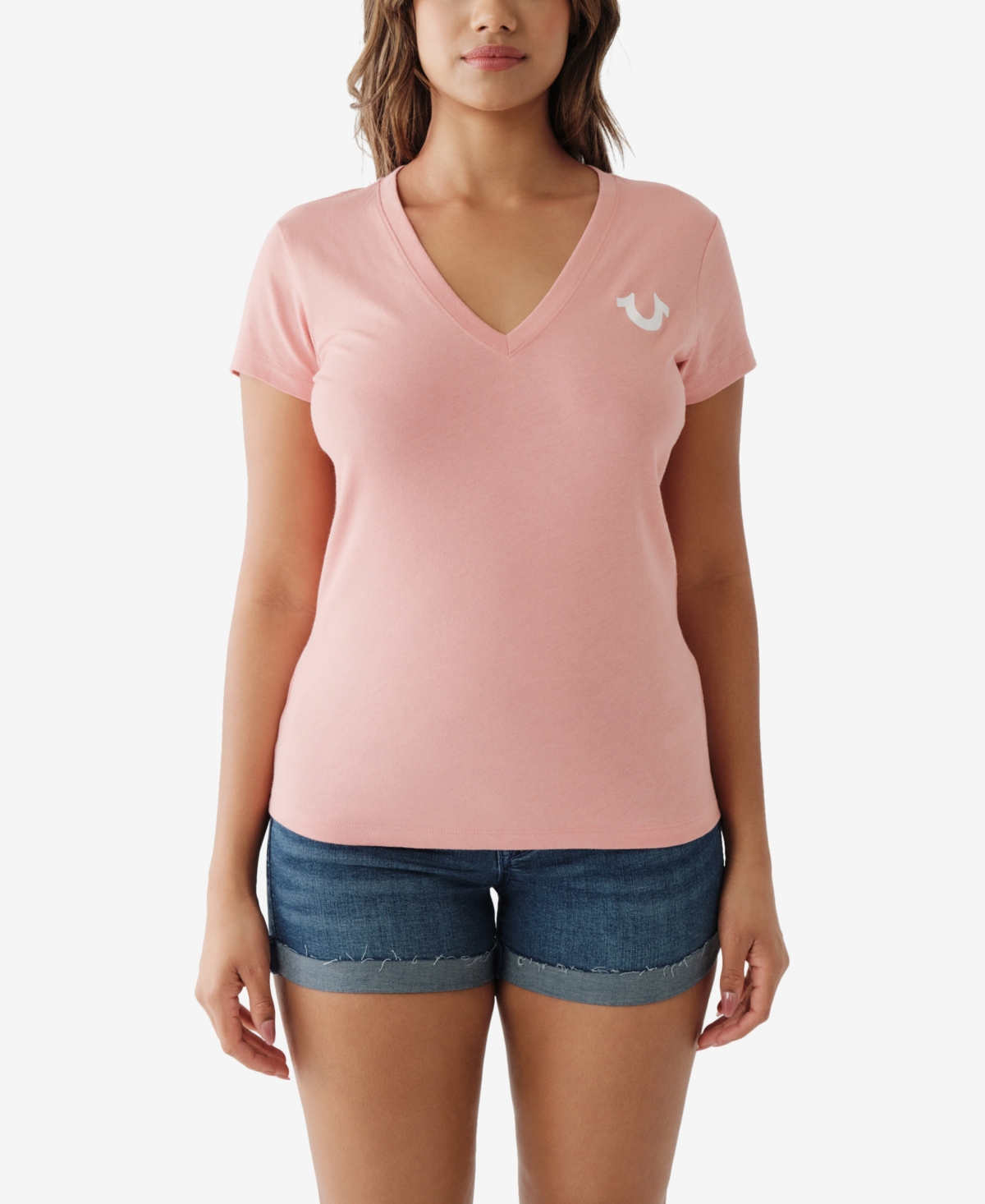 True Religion Women's Short Sleeve Foil Horseshoe V-neck T-shirt In Dark Coral