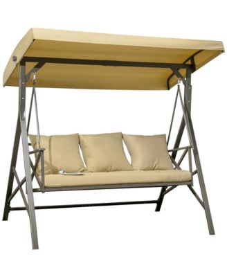 3-Seat Patio Swing Chair, Outdoor Canopy Swing Glider with Cushion with 3 Throw Pillows & Adjustable Shade for Porch, Garden, Poolside, Backyard, Khaki