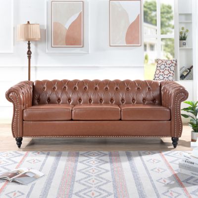 84.65" Brown PU Rolled Arm Chesterfield Three Seater Sofa