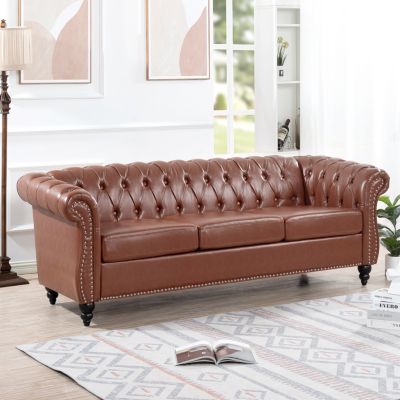 84.65" Brown PU Rolled Arm Chesterfield Three Seater Sofa