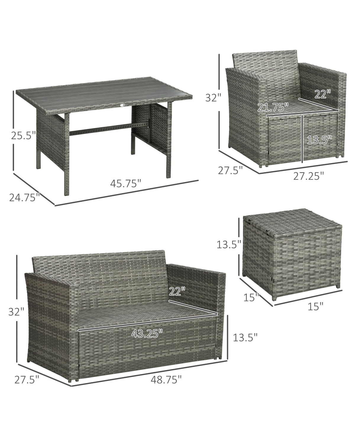 Outsunny 6 Pieces Patio Dining Set, Pe Rattan Furniture Set with 2 Chairs Cushions & Outdoor Loveseat Sofa, Woodgrain Slatted Dinner Table, Mixed
