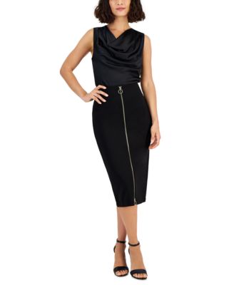 Inc International Concepts Womens Cowlneck Blouse Zip Front Pencil Skirt Created For Macys In Deep Black