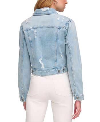 Puff sleeve distressed denim sales jacket