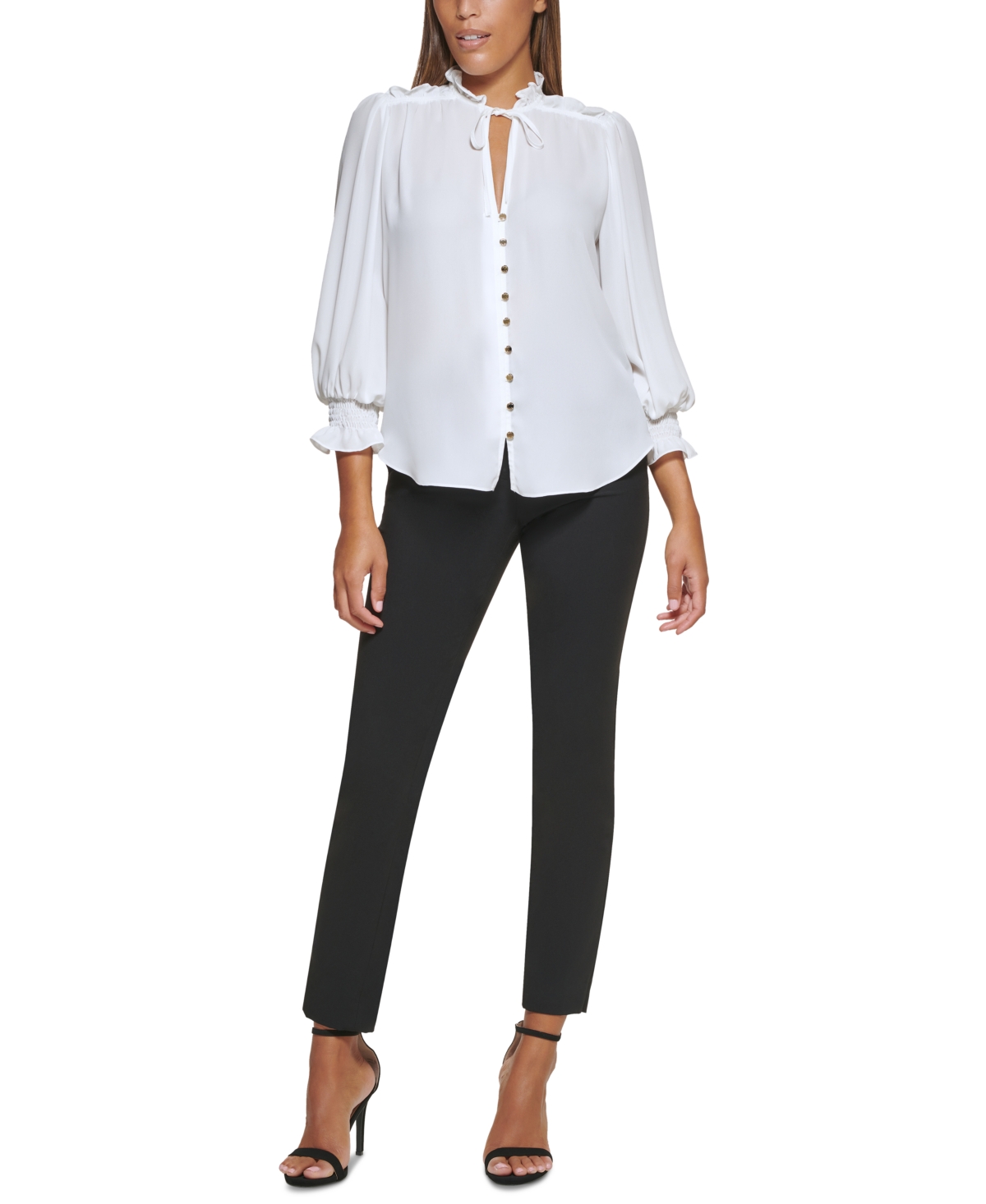 Petite Tie-Neck Button-Front Ruffled Top, Created for Macy's - Linen White
