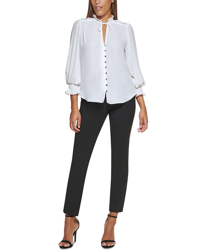 DKNY Petite Tie-Neck Button-Front Ruffled Top, Created for Macy's - Macy's