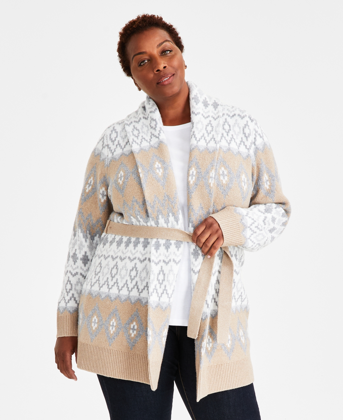 Style & Co Plus Size Fair Isle Tie-waist Cardigan, Created For Macy's In Neutral