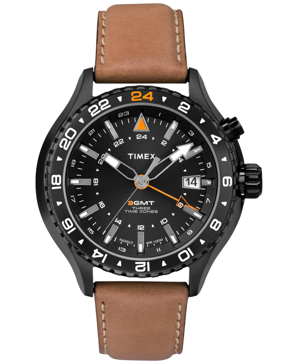 Timex Mens Intelligent Quartz 3 GMT Brown Leather Strap Watch 47mm