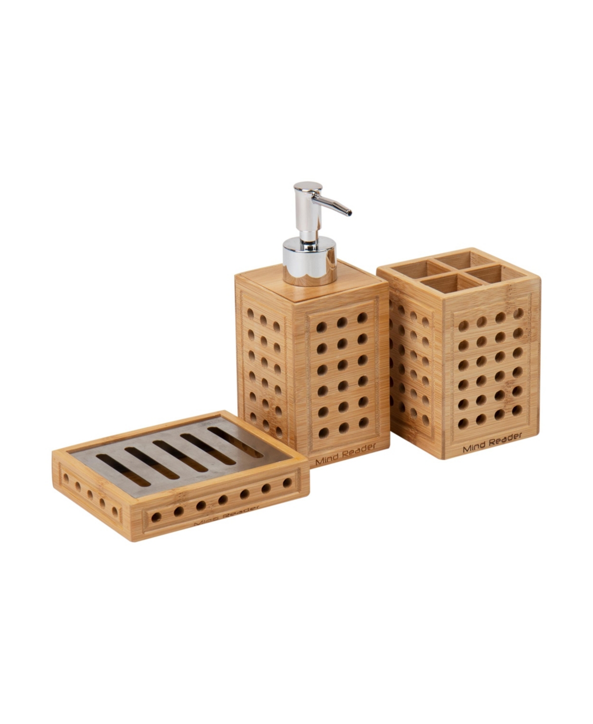Lattice Collection, Soap Dish, Liquid Soap Dispenser, and Toothbrush Holder Set, Bathroom, Rayon from Bamboo - Brown