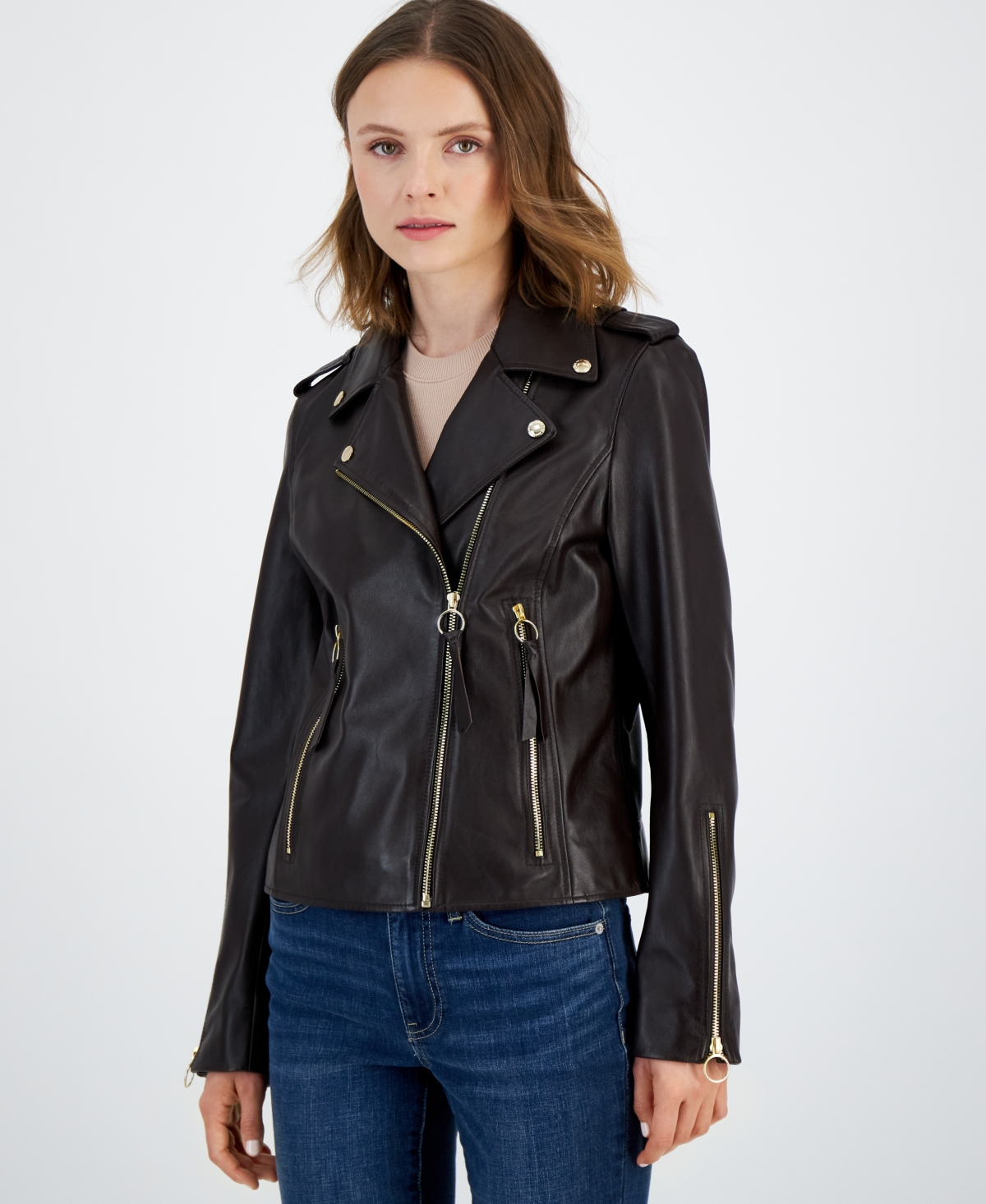 Sam Edelman Women's Leather Zip-cuff Moto Jacket In Chesnut