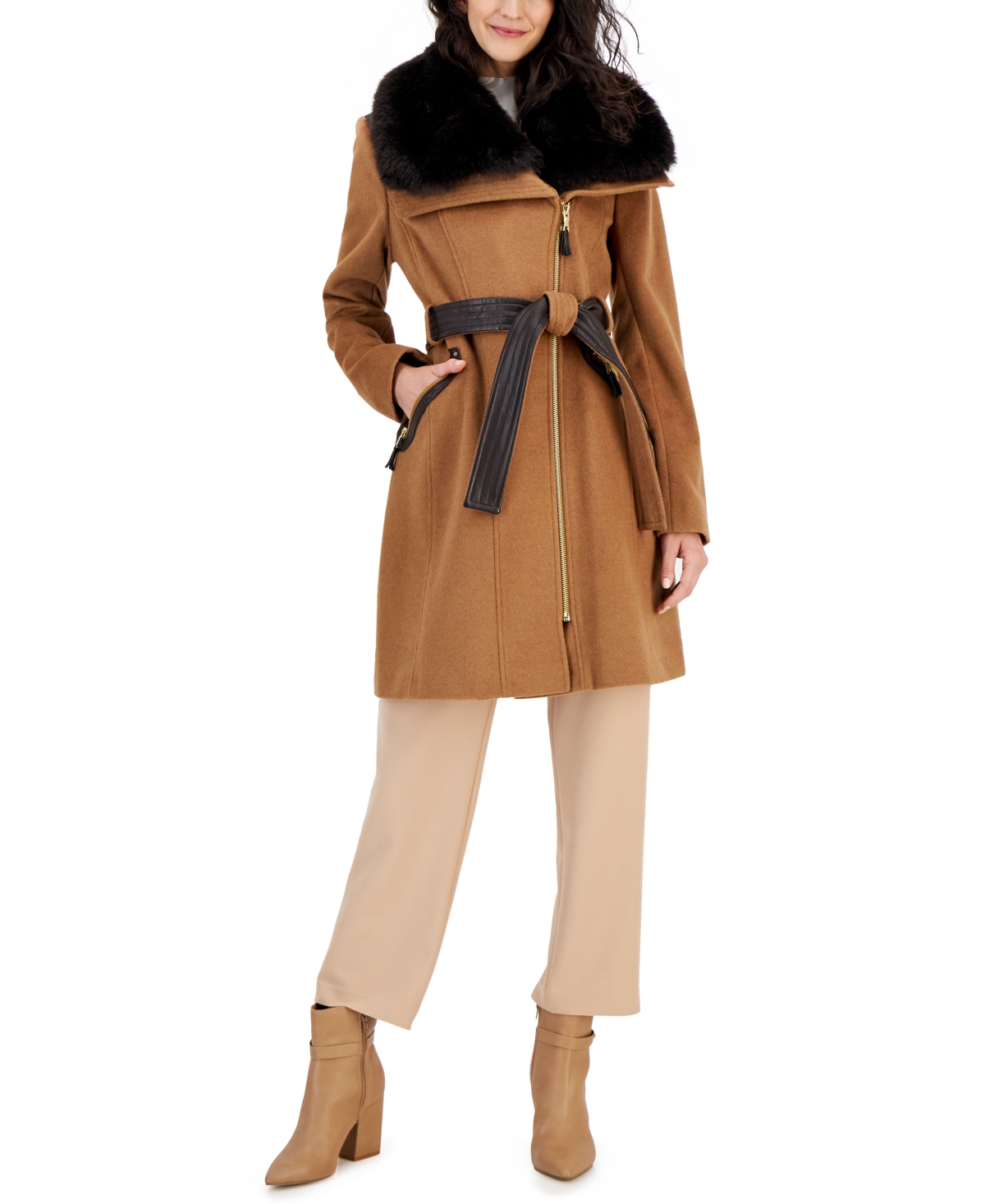 Women's Asymmetric Wool Blend Wrap Coat - Camel