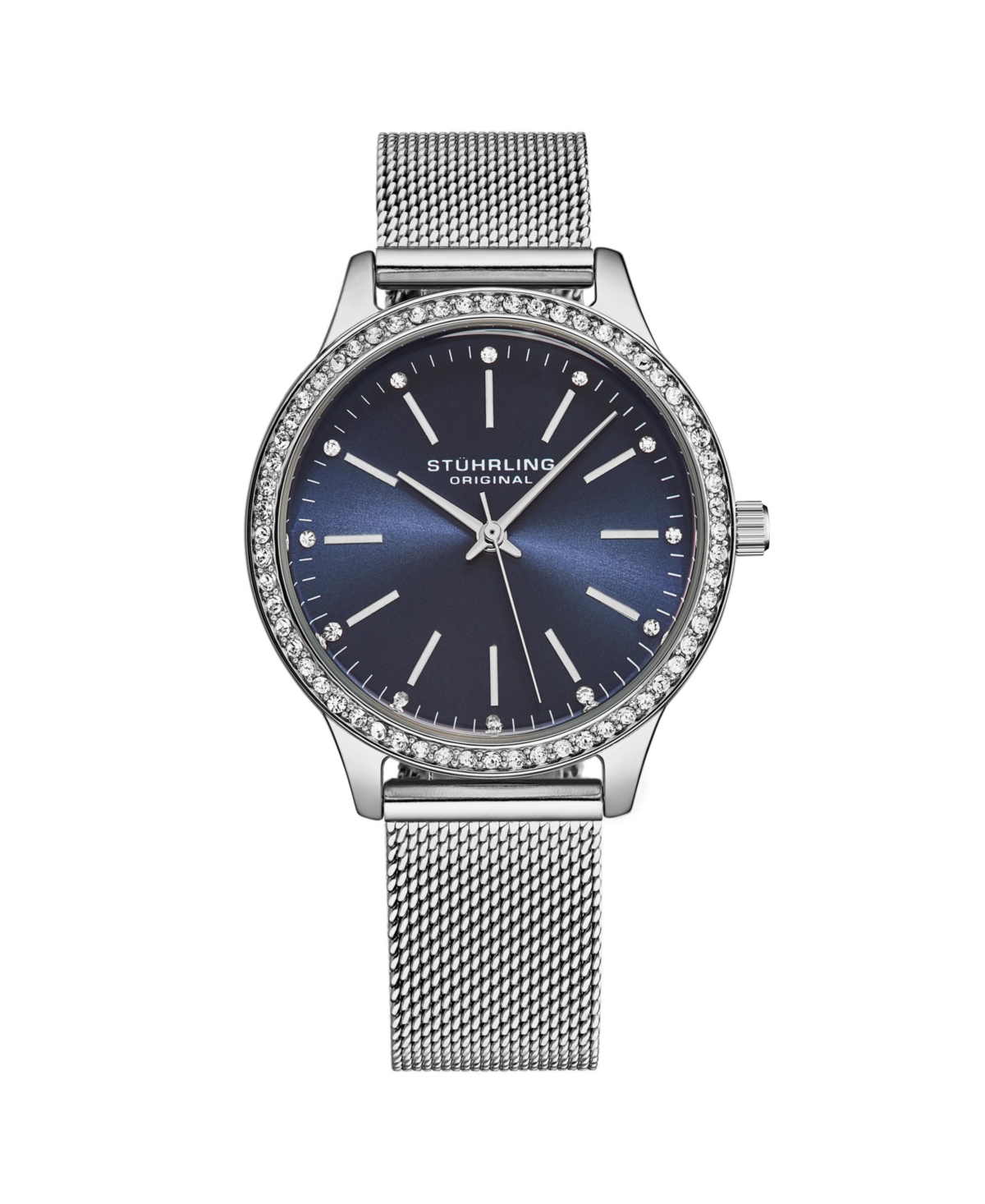 Women's Quartz Crystal Studded Solver Case and Silver Mesh Bracelet, Blue Dial, Silver Hands and Markers Watch - Silver-tone