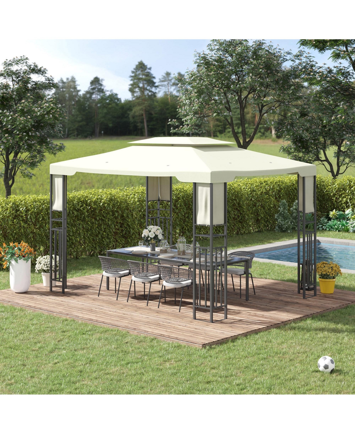 Outsunny 13' x 10' Patio Gazebo Outdoor Canopy Shelter with Double Vented Roof, Storage Shelves, Steel Frame for Lawn, Backyard and Deck, Cream