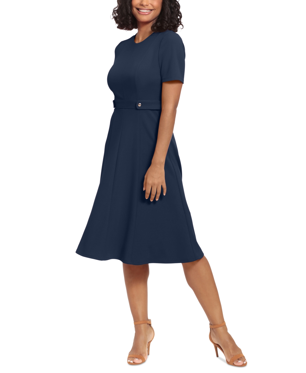 London Times Women's Puff-sleeve Tab-detail Fit & Flare Dress In Navy ...