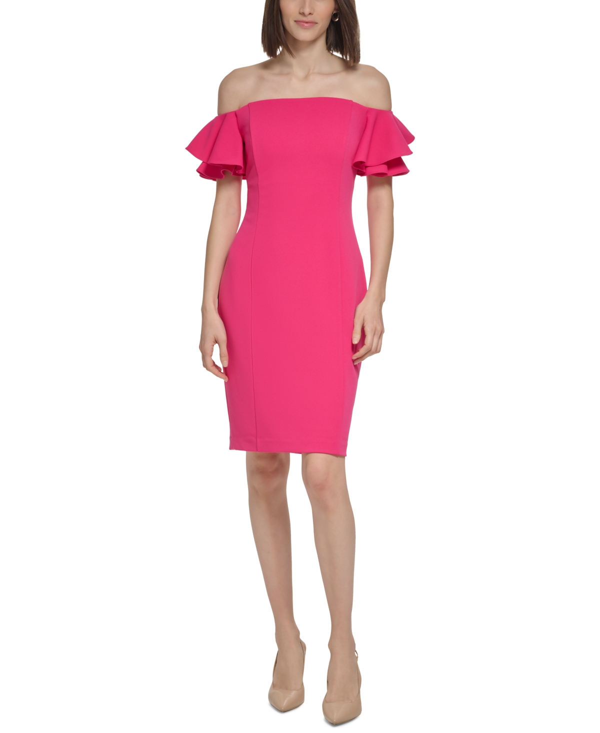 Calvin klein ruffle shoulder sheath dress deals
