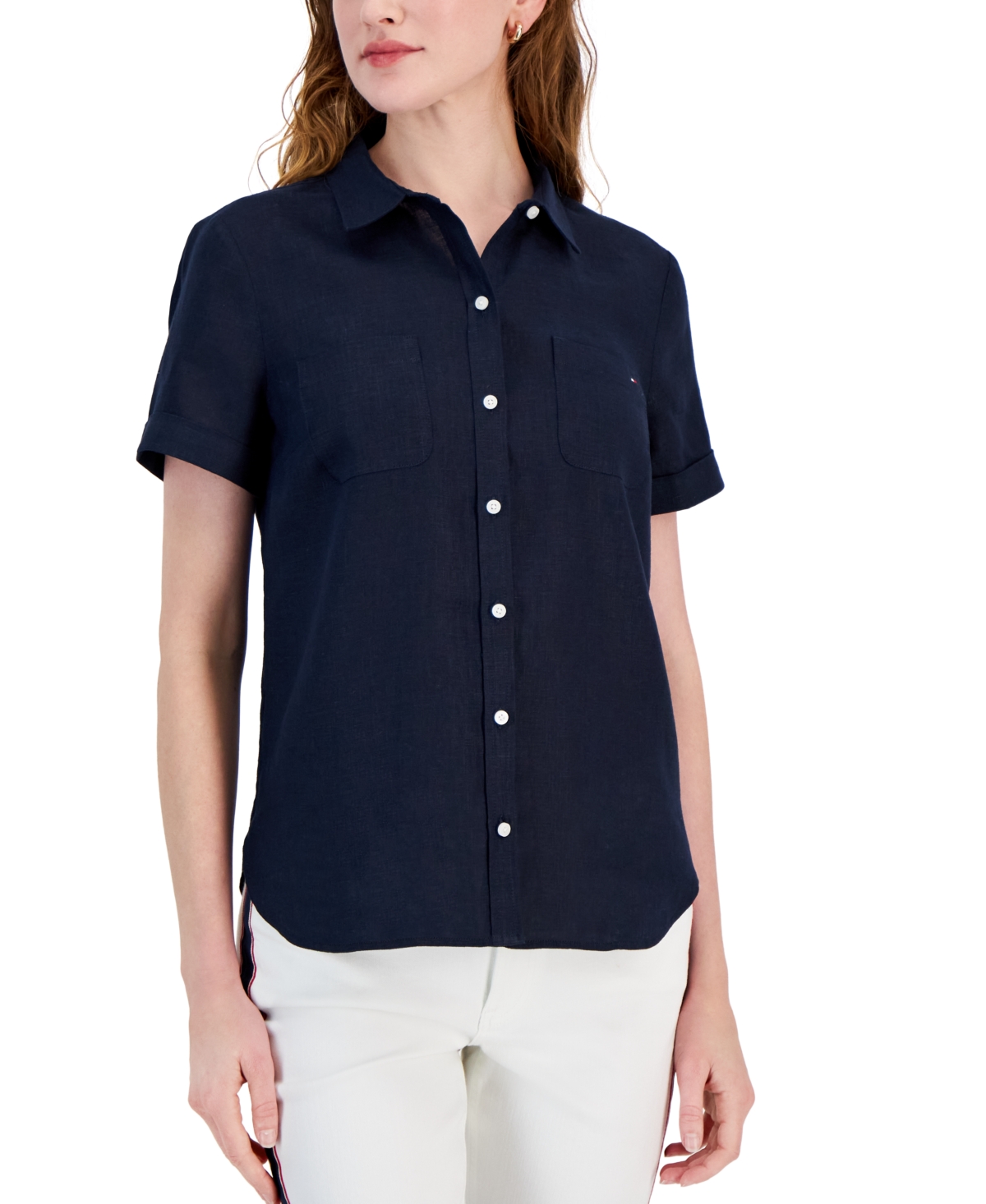 Shop Tommy Hilfiger Women's Linen Pocket Logo Camp Shirt In Sky Captain