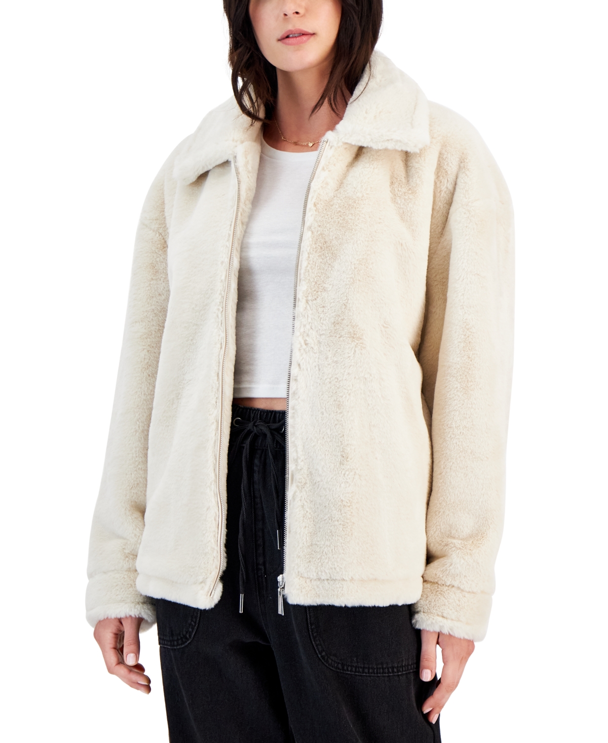 Juniors' Zip-Front Long-Sleeve Faux-Fur Coat, Created for Macy's - Cream