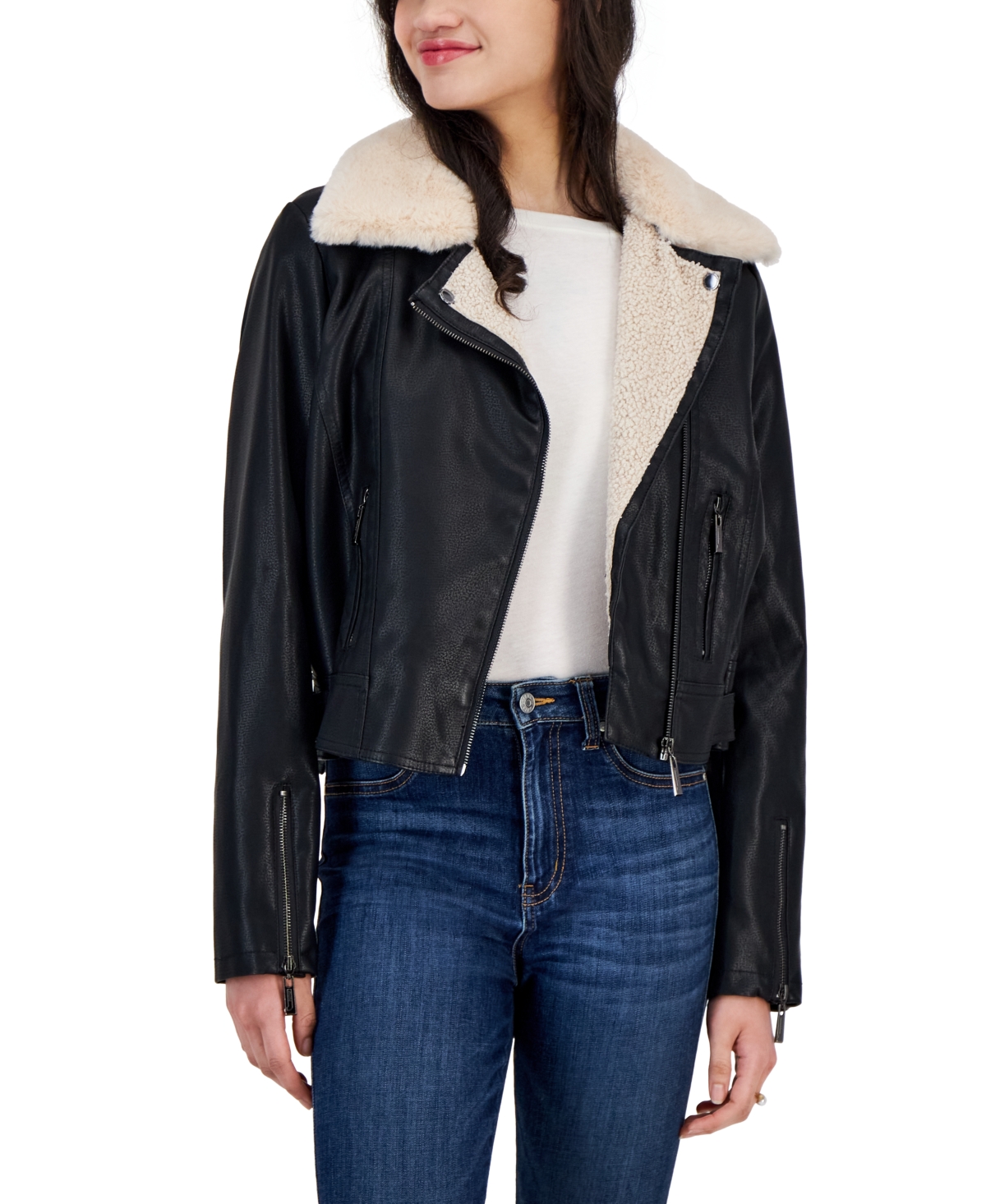 Juniors' Faux-Leather Fleece-Trim Moto Jacket, Created for Macy's - Black/White