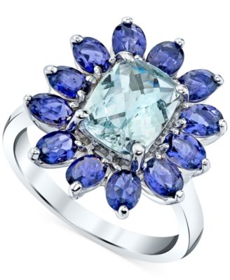 Macy's - Aquamarine (2 ct. t.w.) & Iolite (1-3/4 ct. t.w.) Halo Flower Ring in Sterling Silver