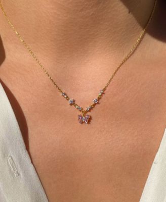 Pink Faux Cubic Zirconia Flutter Love Butterfly Necklace