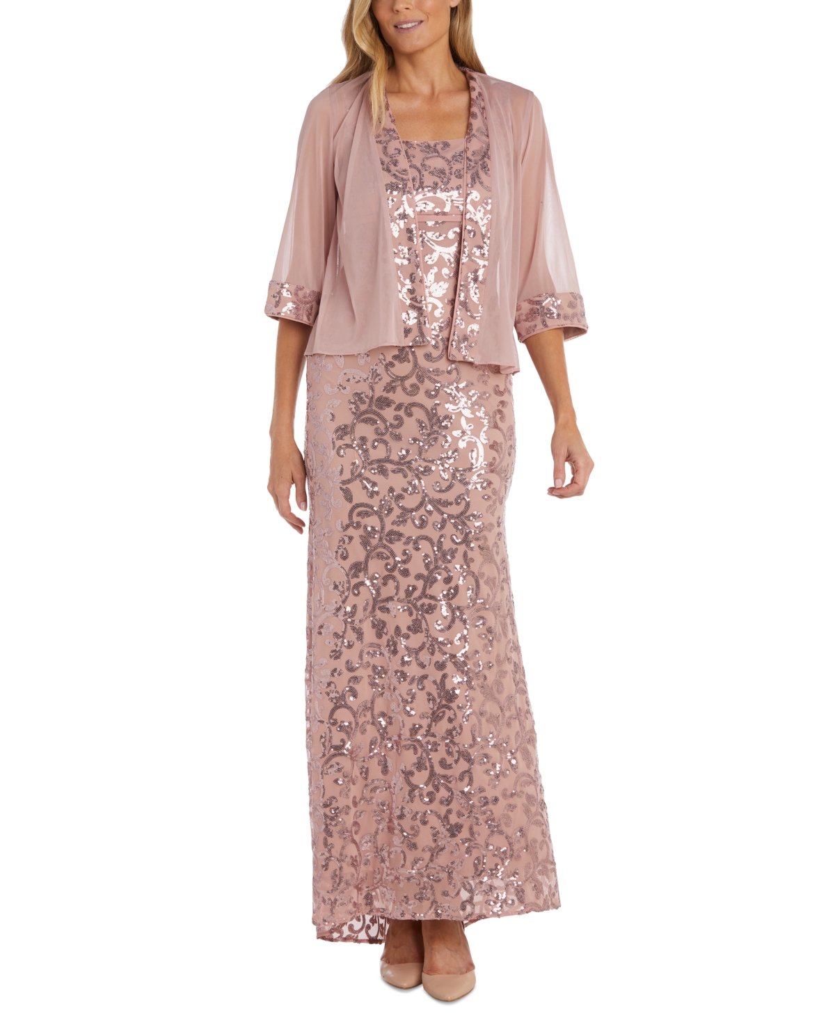 R & M Richards Women's Sequinned Long Dress And Jacket In Blush
