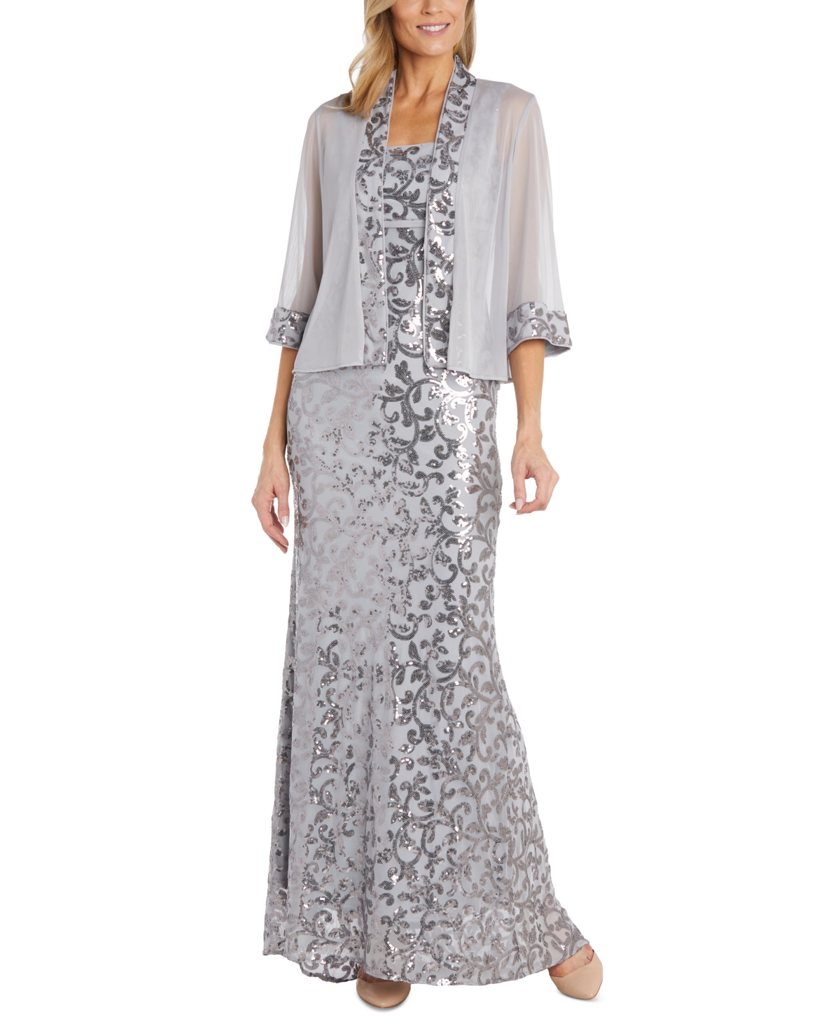 R & M Richards Women's Sequinned Long Dress And Jacket In Silver