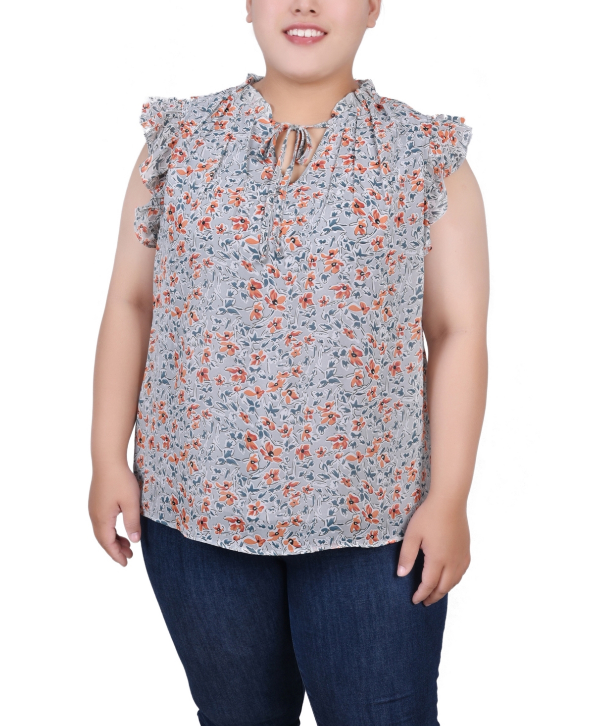 Ny Collection Petite Size Ruffled Sleeve Blouse With Tie Closure Top In Blue Green Orange Floral
