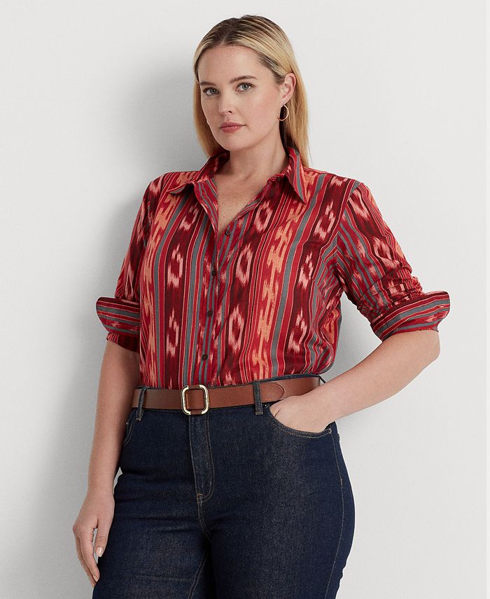 Lauren by Ralph Lauren Plus Size Satin Long Sleeve Buttoned Top in Red