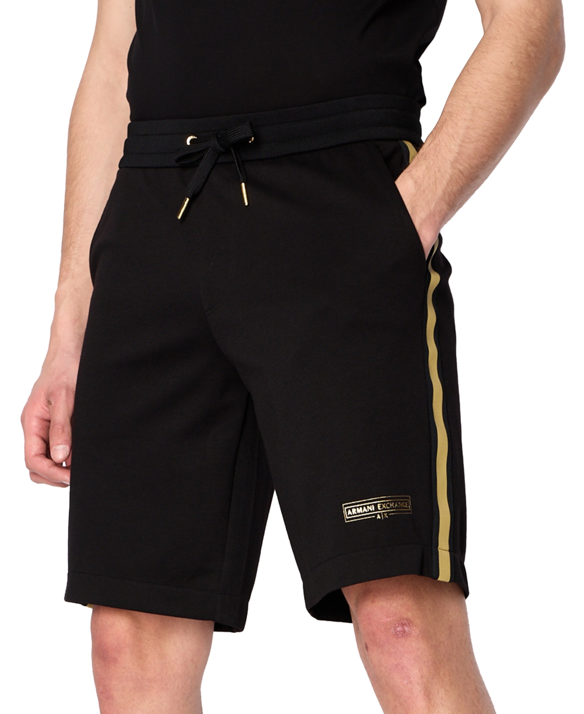 A X Armani Exchange Men's Classic Fit Metallic Stripe Drawstring Fleece Shorts In Black