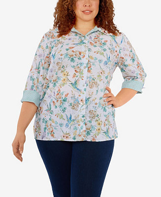 Alfred Dunner Plus Size Coconut Grove Hummingbird Button Down 3/4 ...