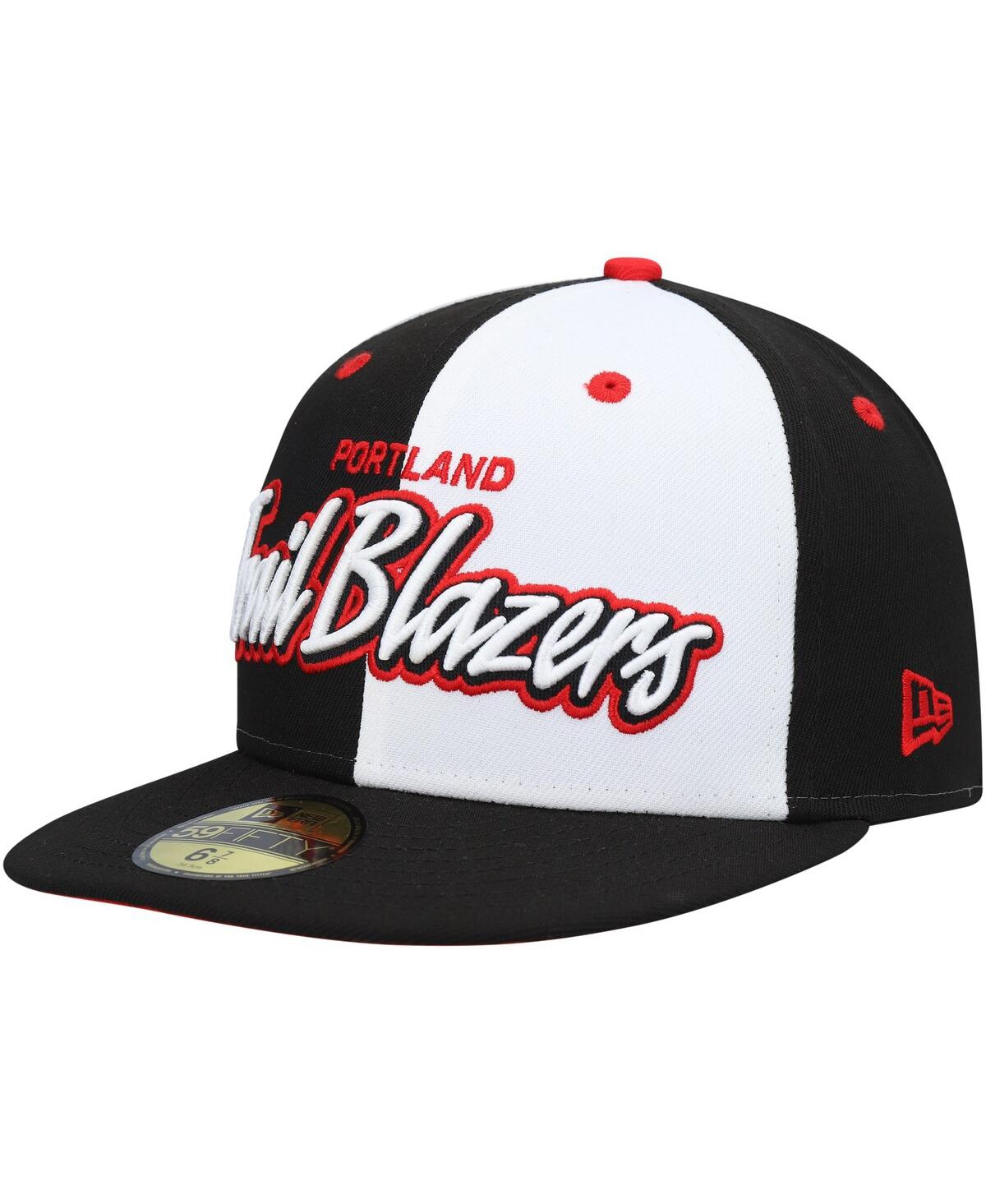 Shop New Era Men's  Black, White Portland Trail Blazers Script Pinwheel 59fifty Fitted Hat In Black,white