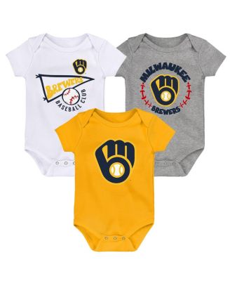Newborn and Infant Boys and Girls Gold, White, Heather Gray Milwaukee Brewers Biggest Little Fan 3-Pack Bodysuit Set