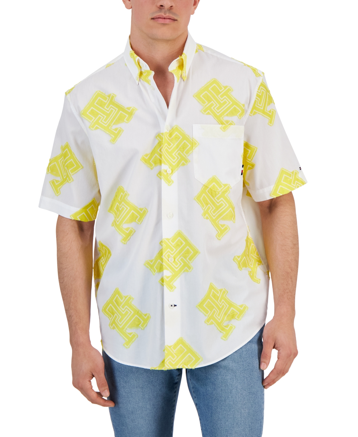 Tommy Hilfiger Men's Relaxed Fit Monogram Print Short Sleeve Button Front Shirt In Vivid Yellow
