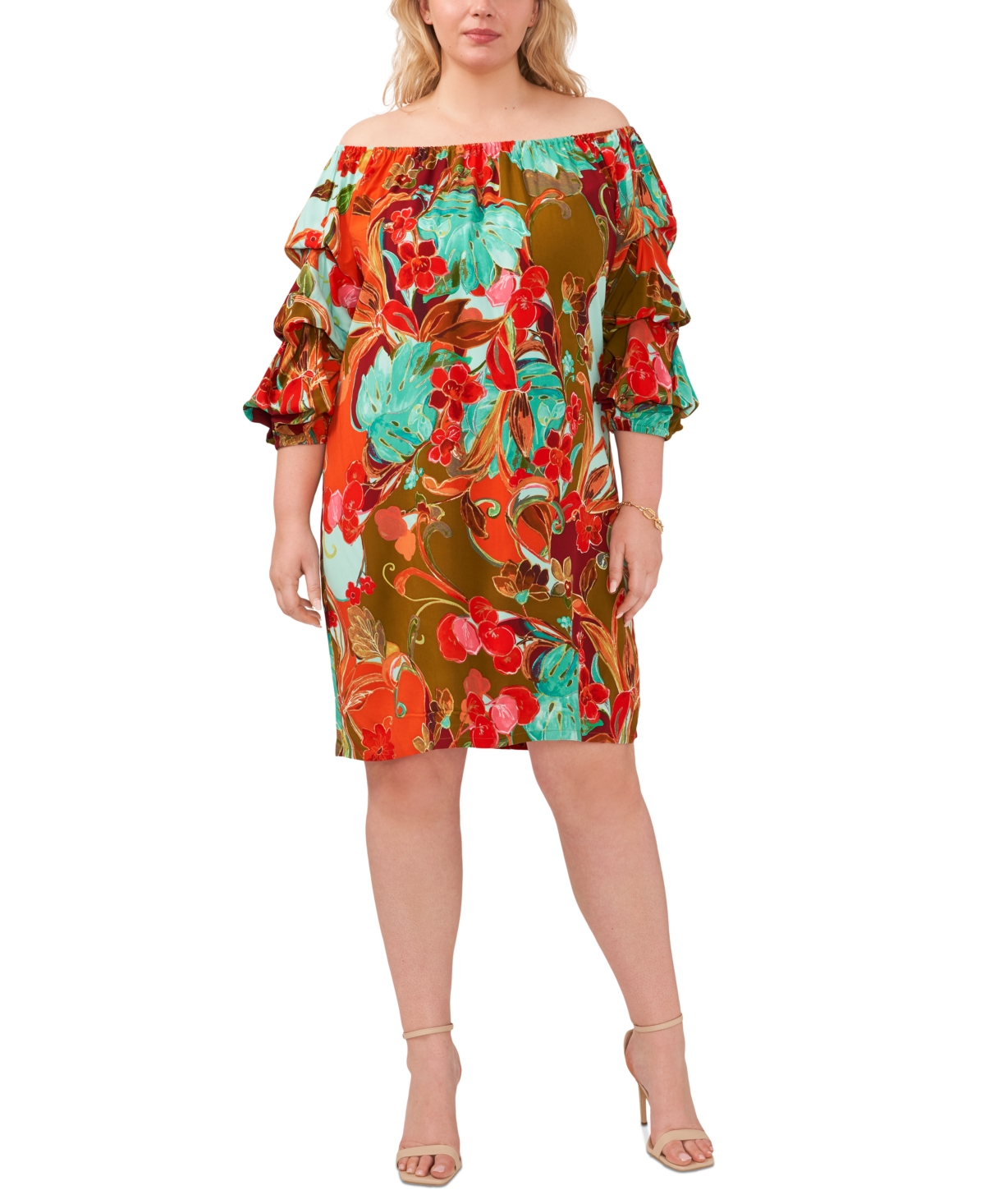 Msk Plus Size Printed Lantern-sleeve Off-the-shoulder Shift Dress In Green  Multi | ModeSens