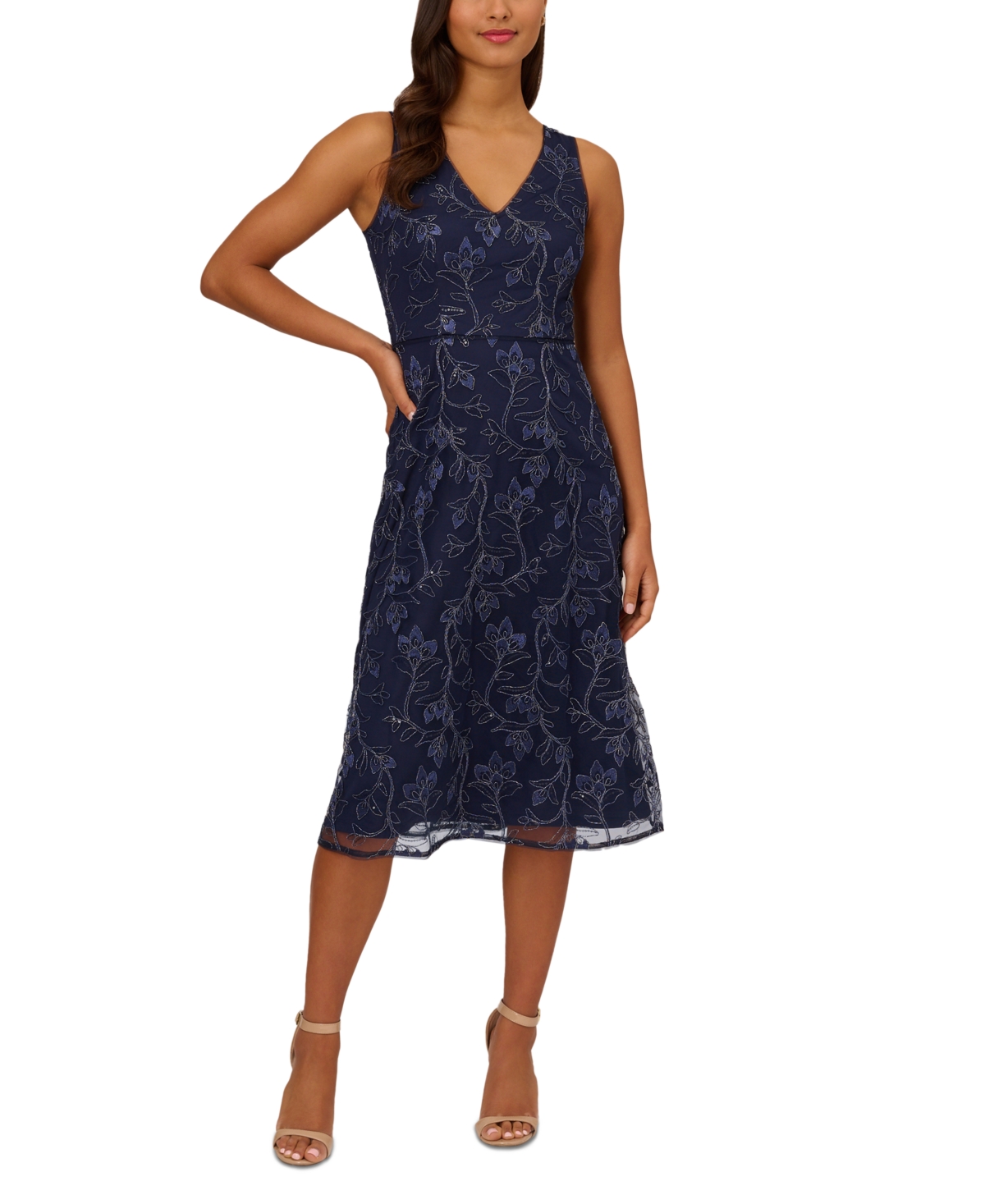 Women's Floral Sequin Embroidered Midi Dress - Light Navy