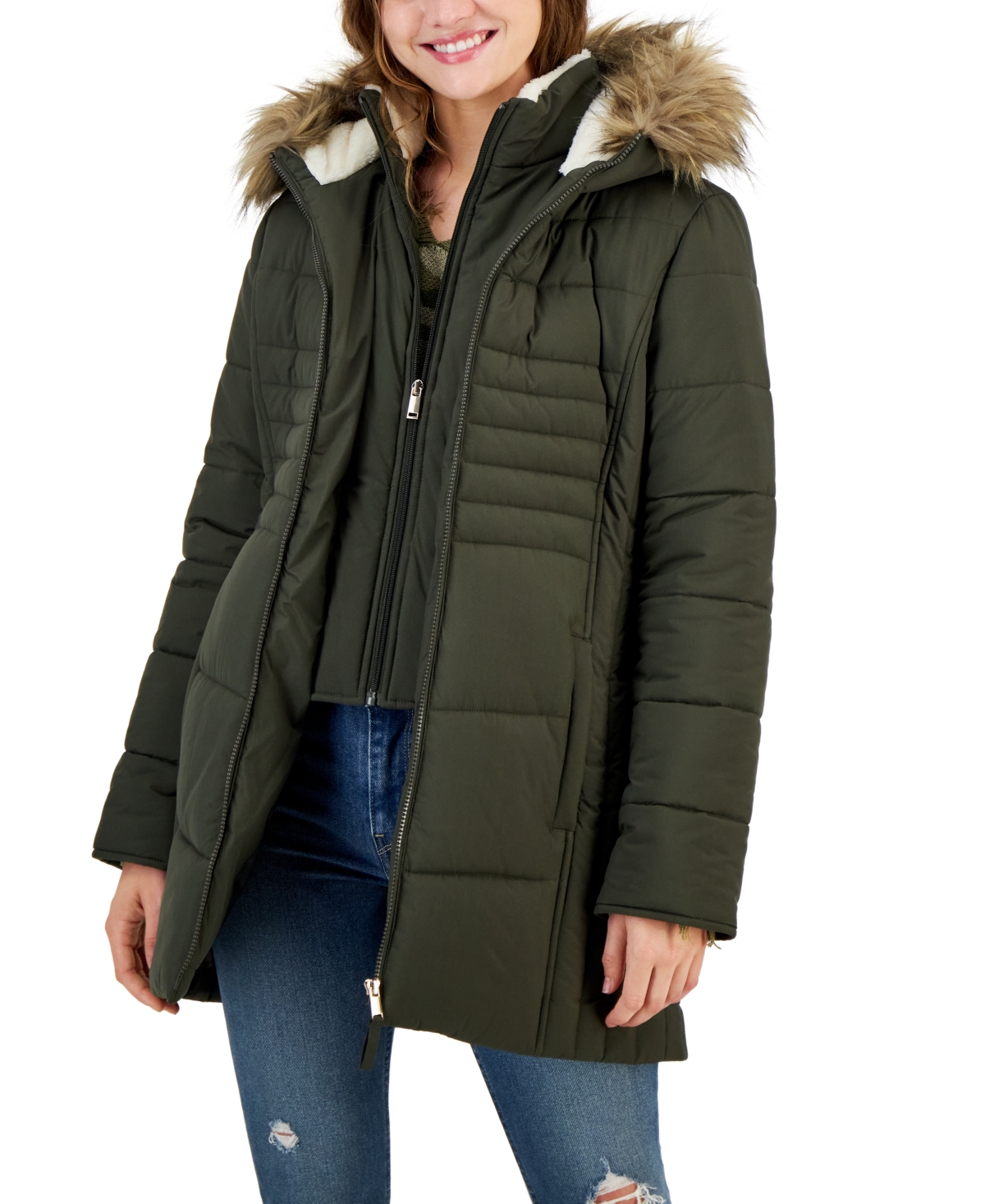 Maralyn & Me Juniors' Bibbed Faux-Fur-Hooded Puffer Coat