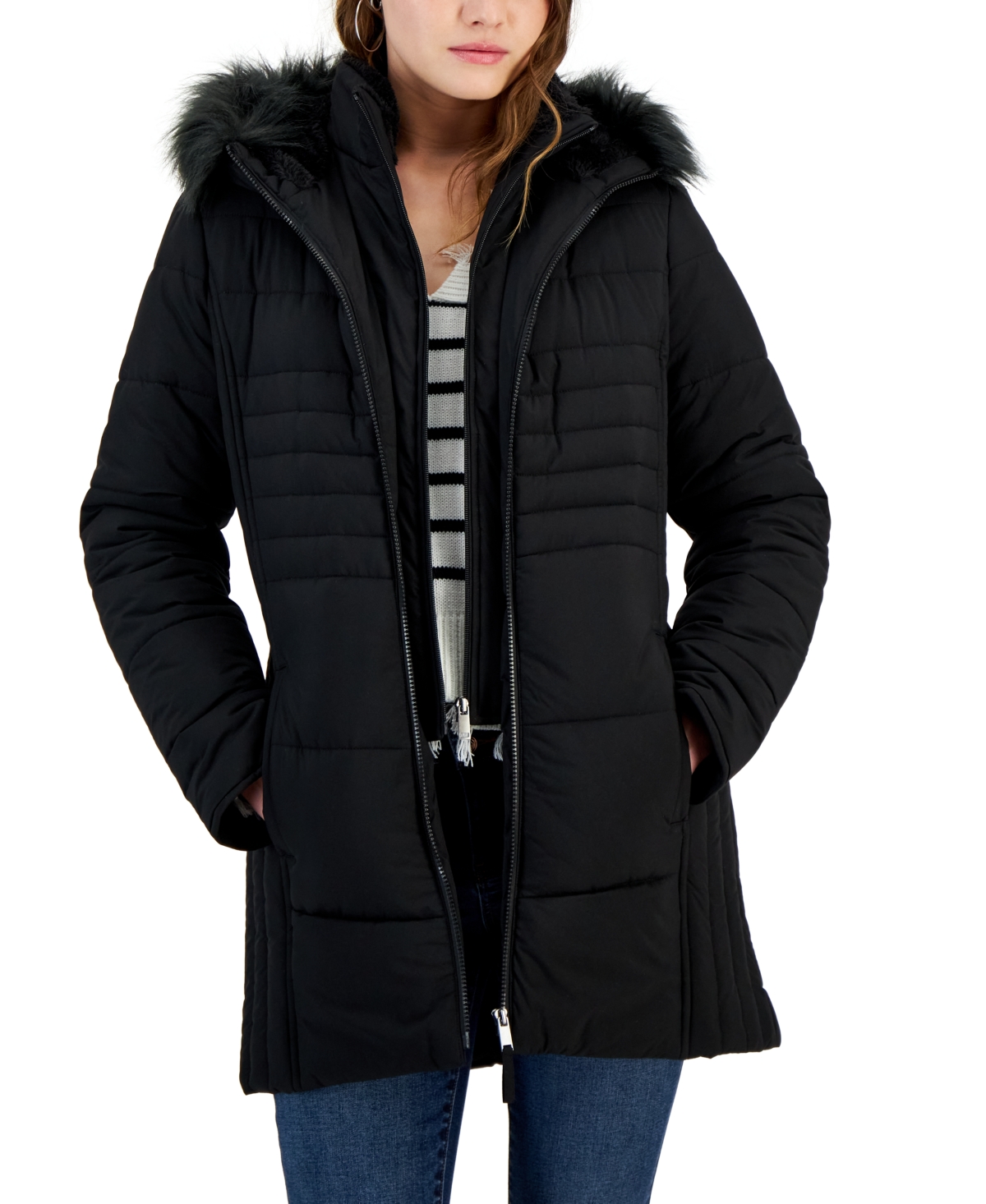 Maralyn & Me Juniors' Bibbed Faux-fur-hooded Puffer Coat In Black