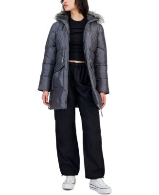 Maralyn Me Juniors Shine Faux Fur Trim Hooded Puffer Coat Macy s