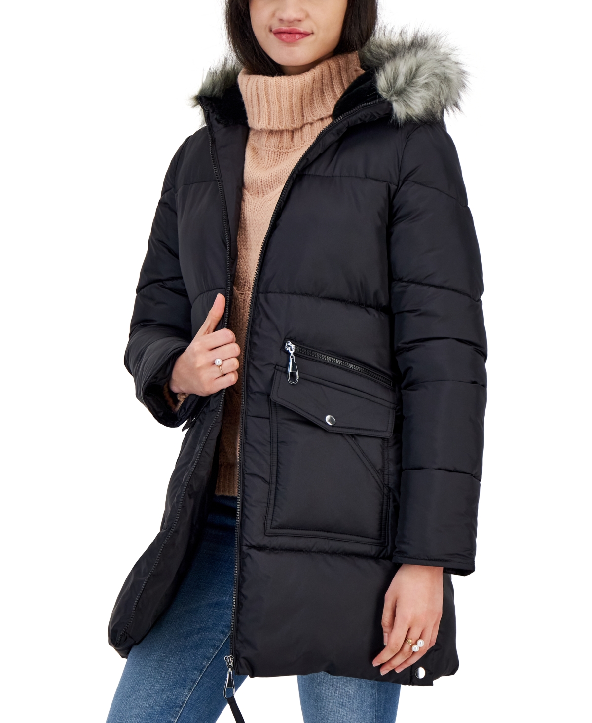 Maralyn & Me Juniors' Shine Faux-fur-trim Hooded Puffer Coat In Black