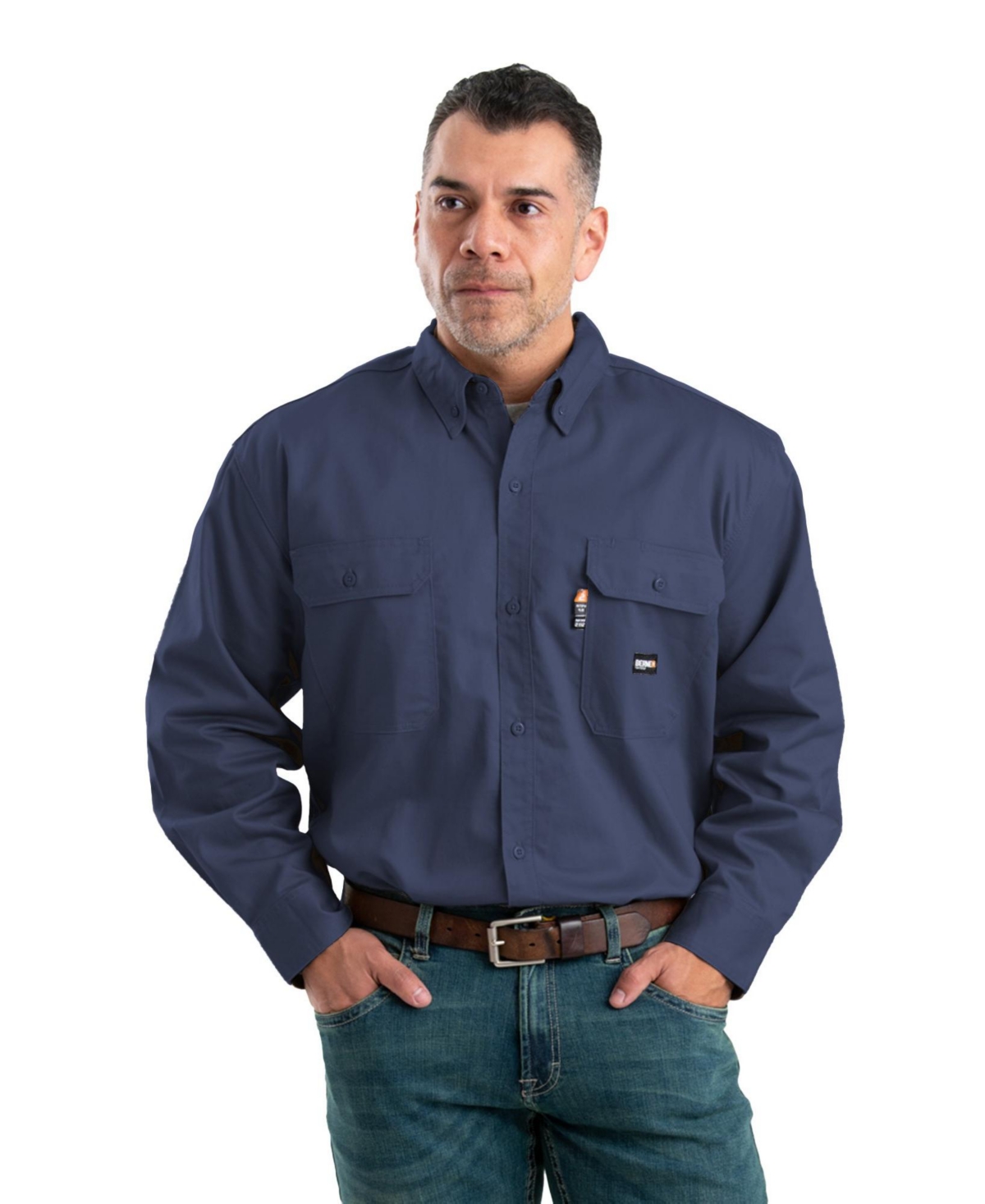 Big & Tall Flame Resistant Button Down Long Sleeve Work Shirt - Navy