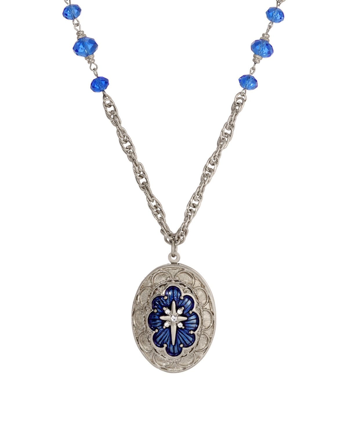 2028 Enamel Crystal Star Of Bethlehem Locket Bead Necklace In Blue