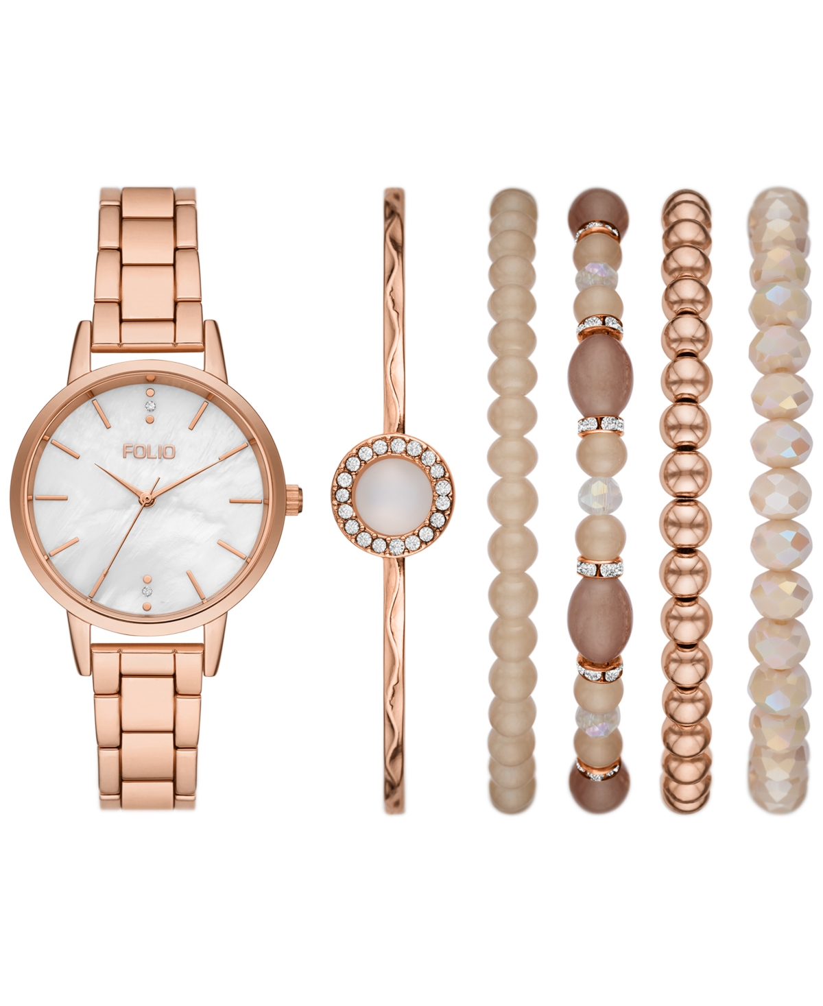 Folio Women's Three Hand Rose-Gold-Tone 35mm Watch and Bracelet Gift Set, 6 Pieces