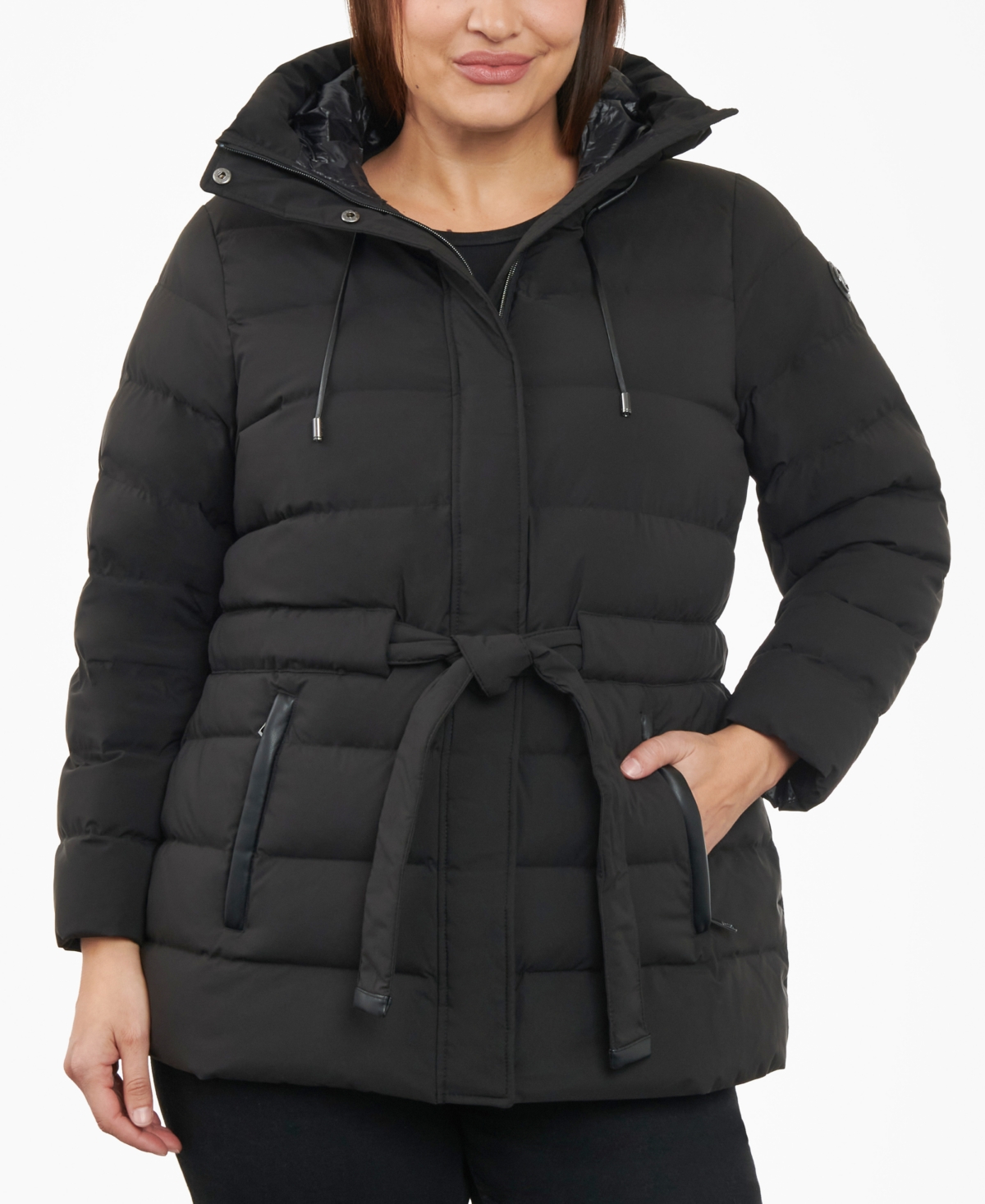 Shop Michael Kors Michael  Women's Plus Size Belted Packable Puffer Coat In Black