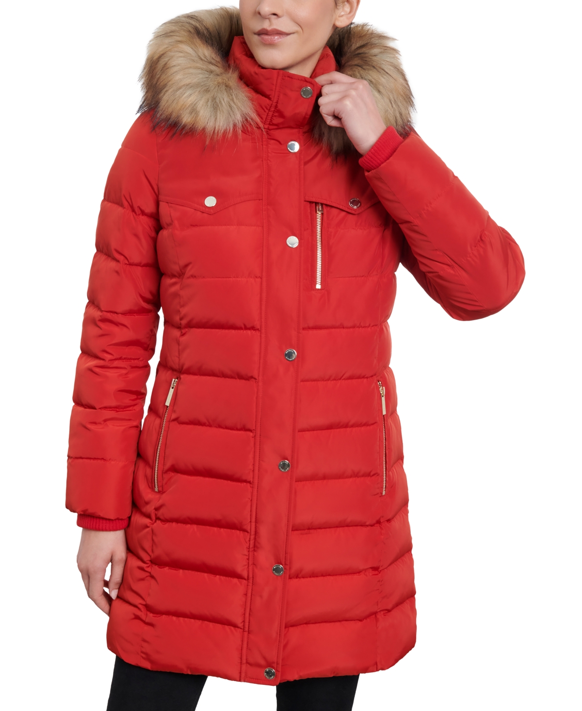 Michael Kors Michael  Women's Faux-fur-trim Hooded Puffer Coat, Created For Macy's In Bright Terracotta