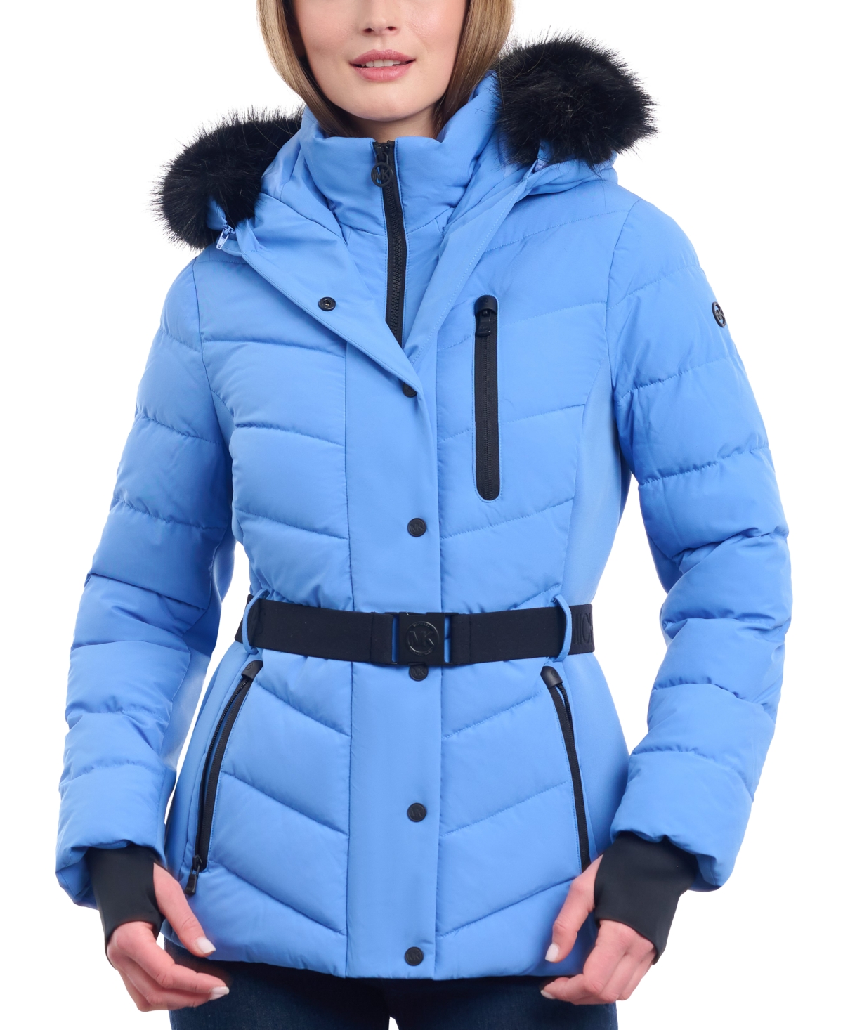 Michael Kors Michael  Women's Belted Faux-fur-trim Hooded Puffer Coat In Crew Blue