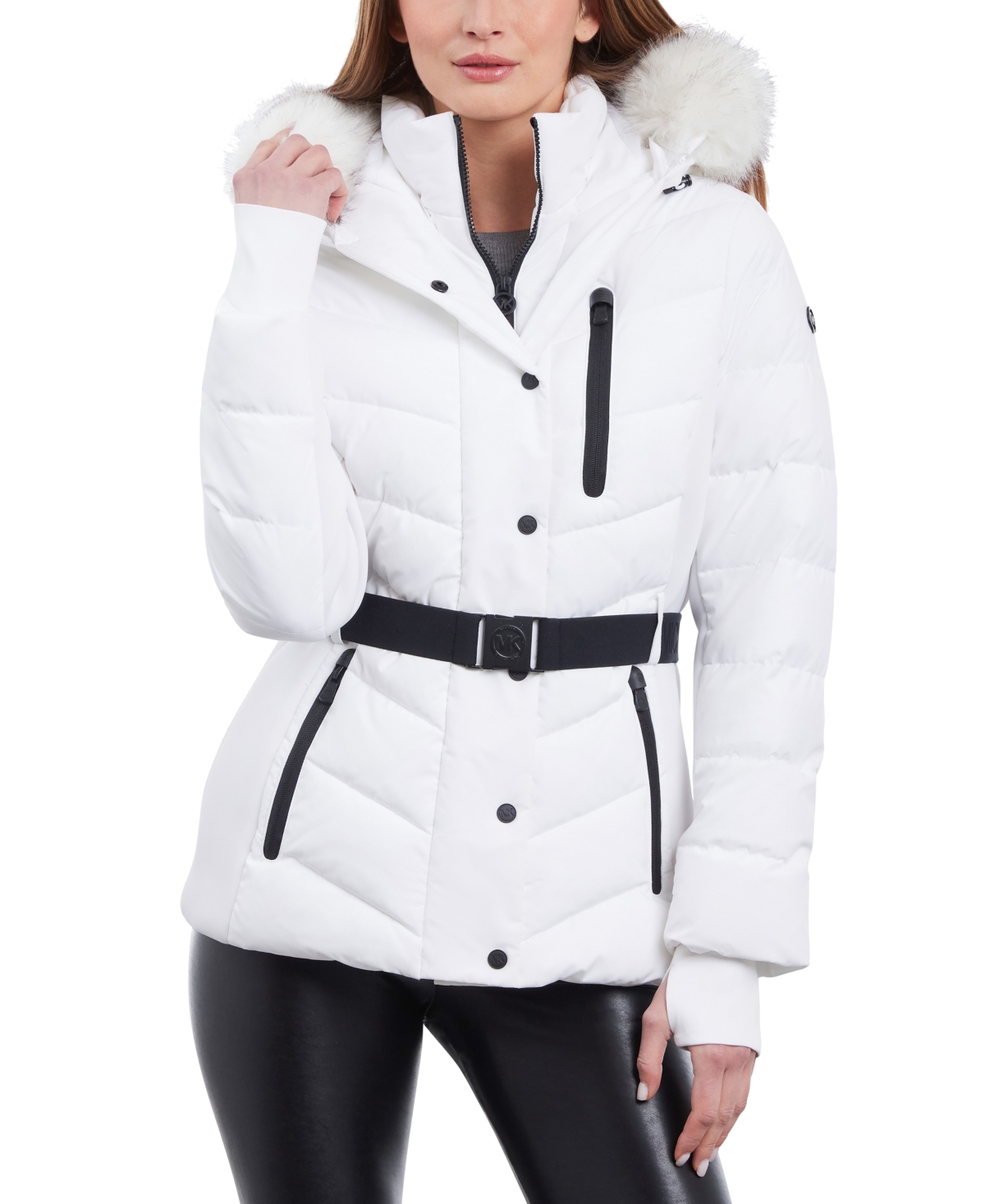 Michael Kors Michael  Women's Belted Faux-fur-trim Hooded Puffer Coat In White