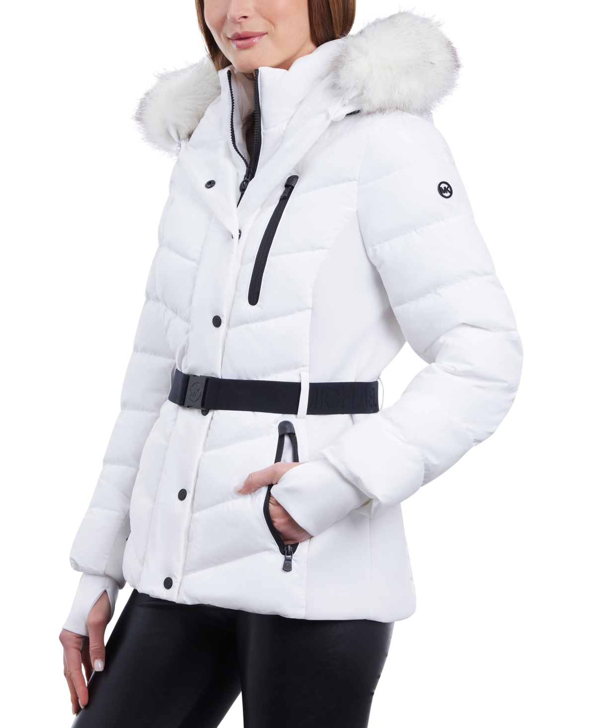 Michael Michael Kors Women's Belted Faux-Fur-Trim Hooded Puffer Coat