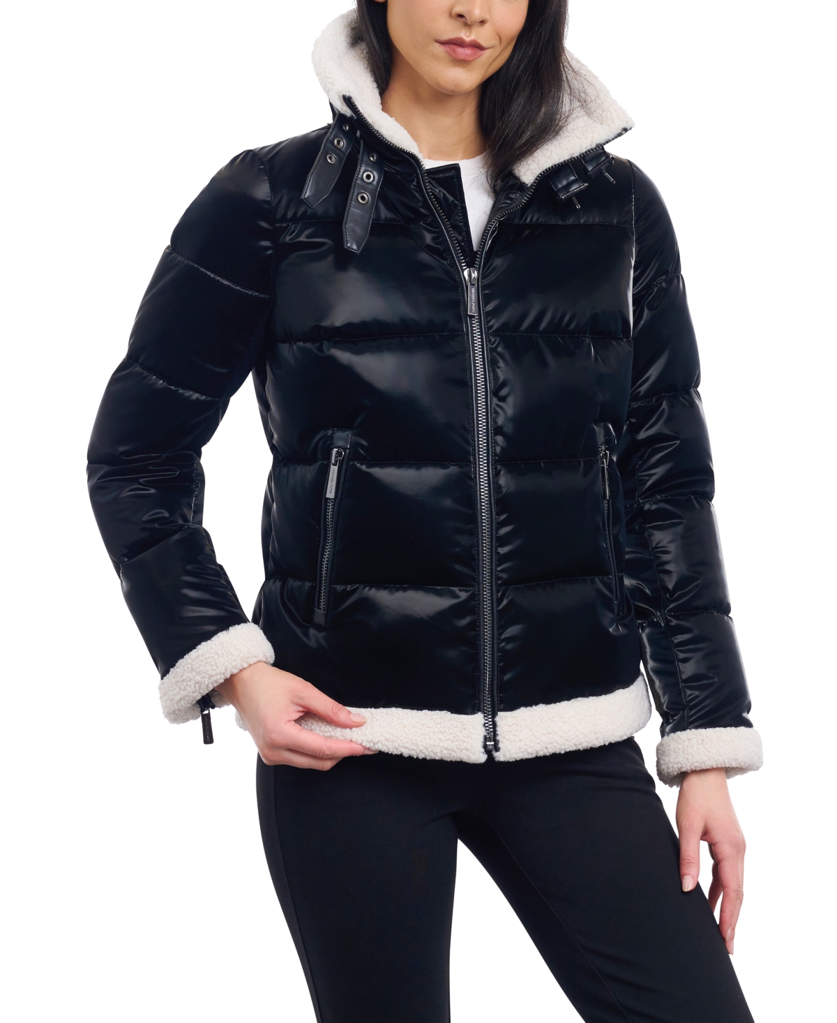 Shop Michael Kors Michael  Women's Petite Faux-shearling Shine Puffer Coat, Created For Macy's In Black